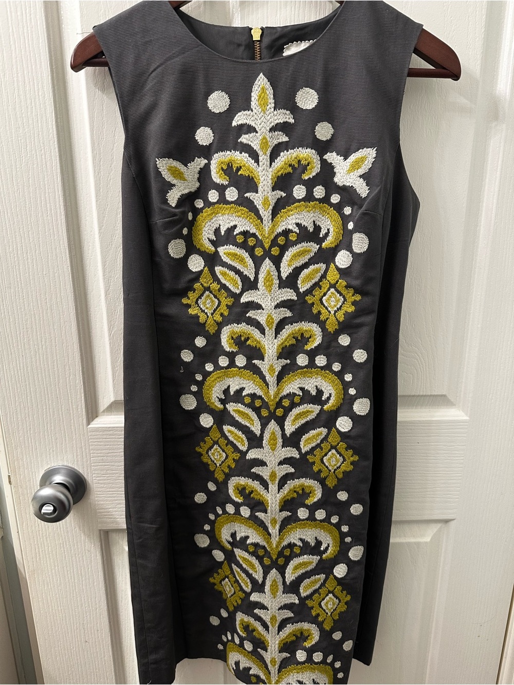 Tabitha Grey Midi Dress with Yellow/Green & White Embroidered Motif